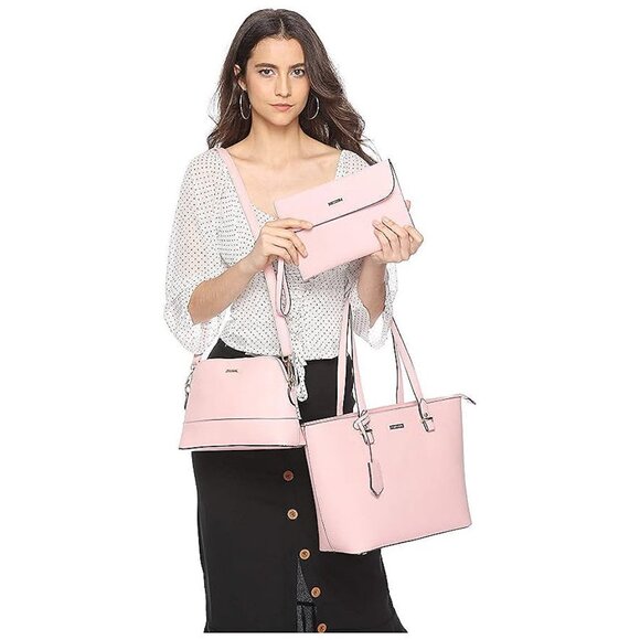 Women Fashion Synthetic Leather Handbags Tote Bag Shoulder Bag Pink - Picture 3 of 6